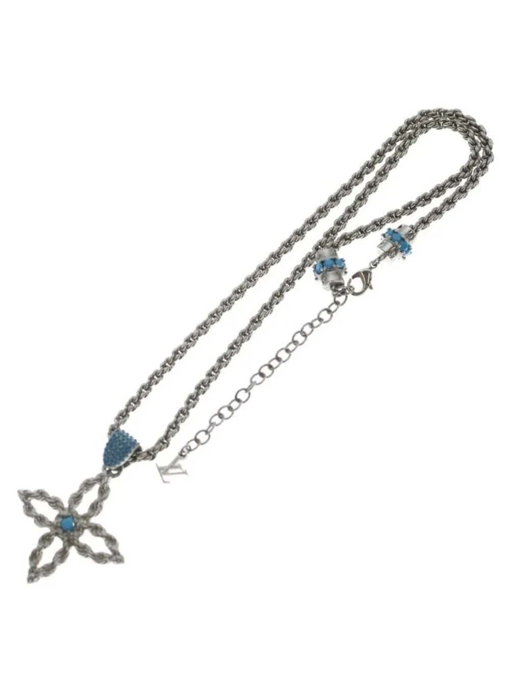 Louis Vuitton Pendant LV Flower Rope Metal Necklace Silver Turquoise